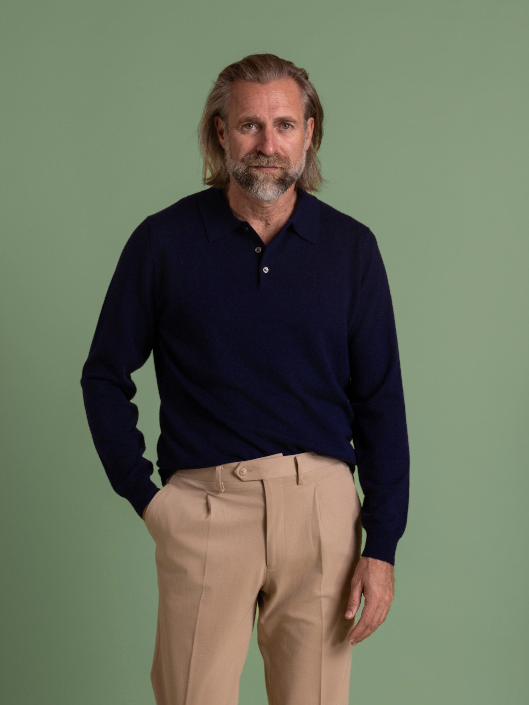 Inky Blue Wool Cashmere Button Polo
