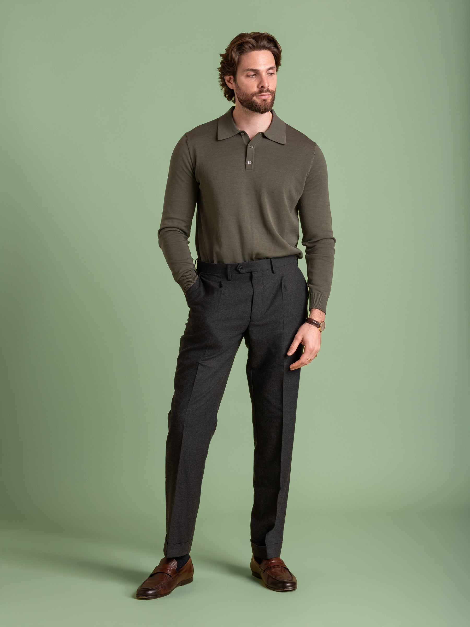 Moss Green Mercerised Cotton Long Sleeve Polo