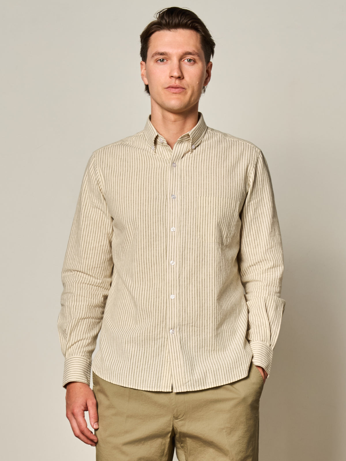 Green Stripe Linen Blend Button Down Shirt