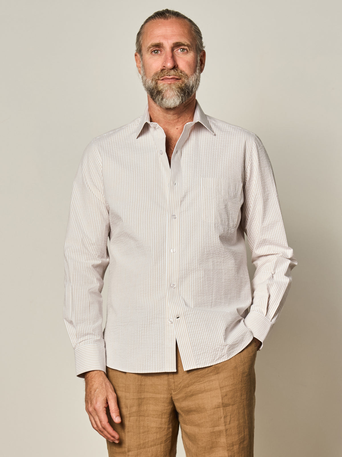 Beige Stripe Seersucker Shirt