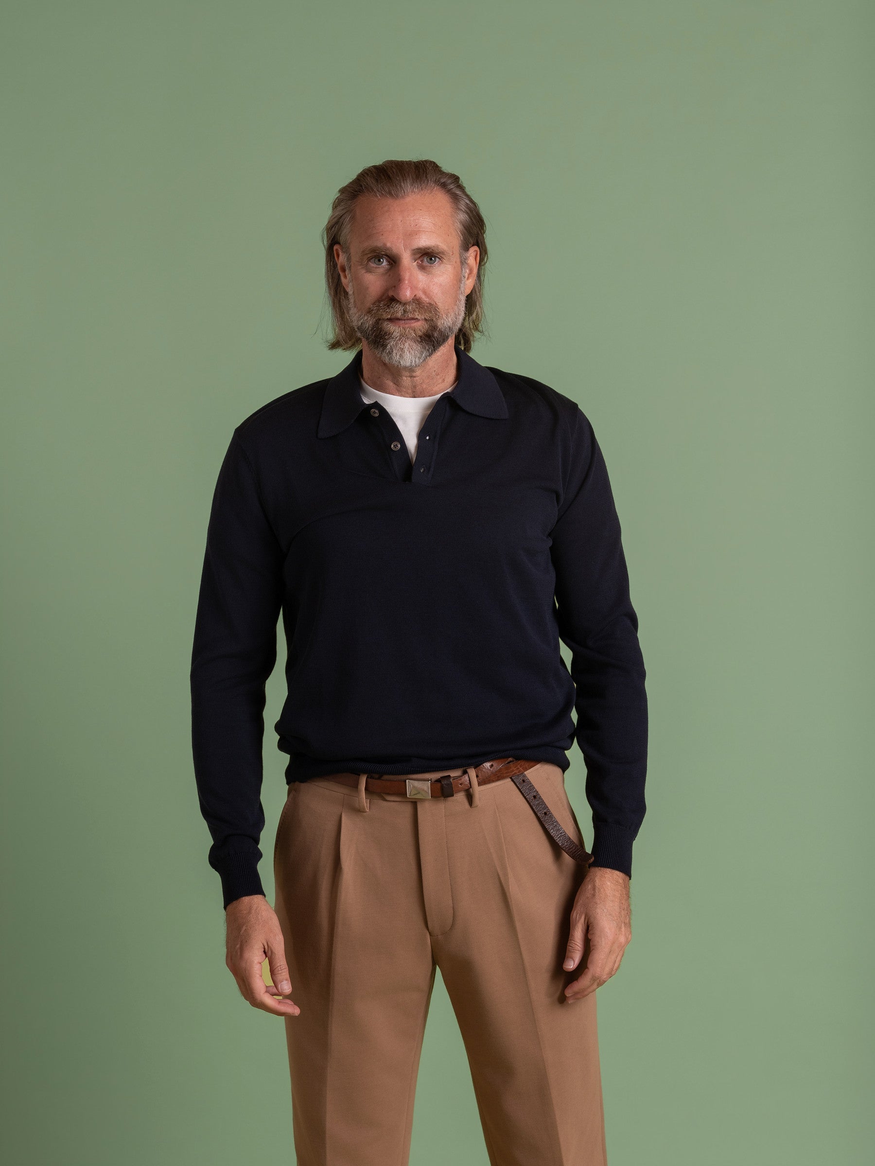 Navy Mercerised Cotton Long Sleeve Polo