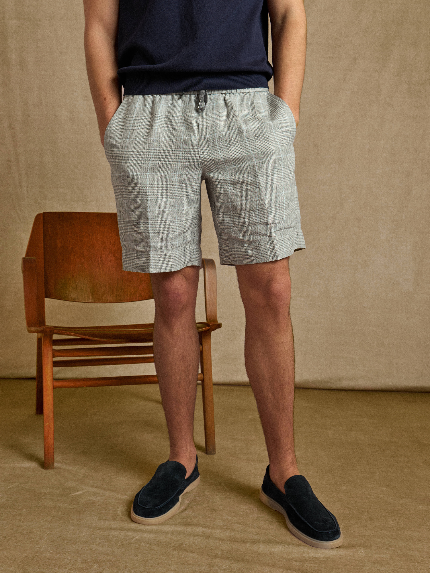 Light Grey Check Linen Jogger Shorts