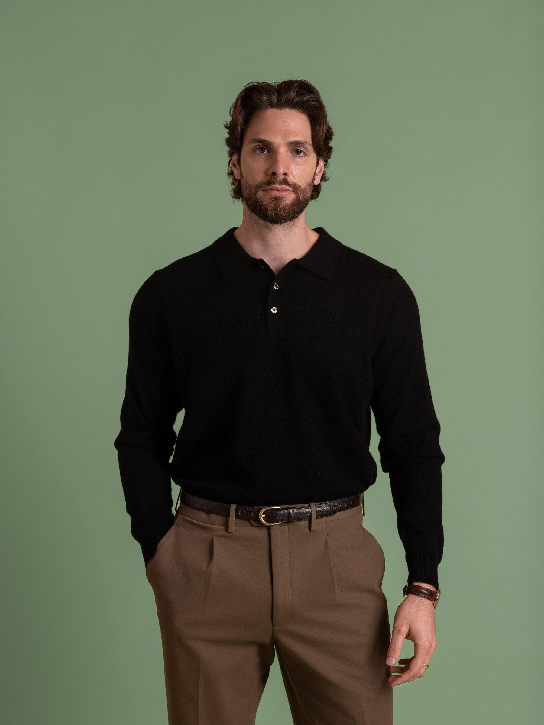 Black Wool Cashmere Button Polo