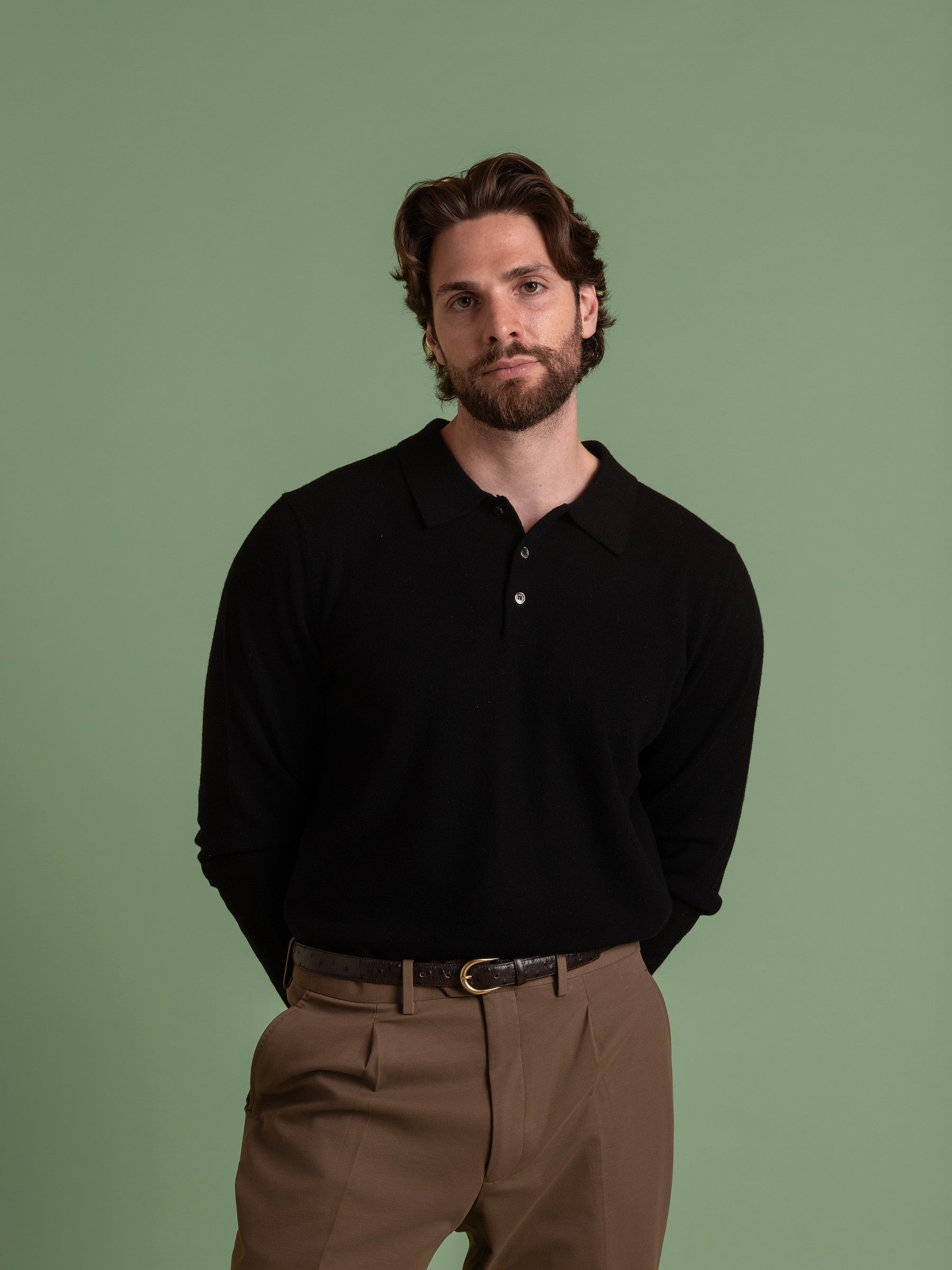 Black Wool Cashmere Button Polo