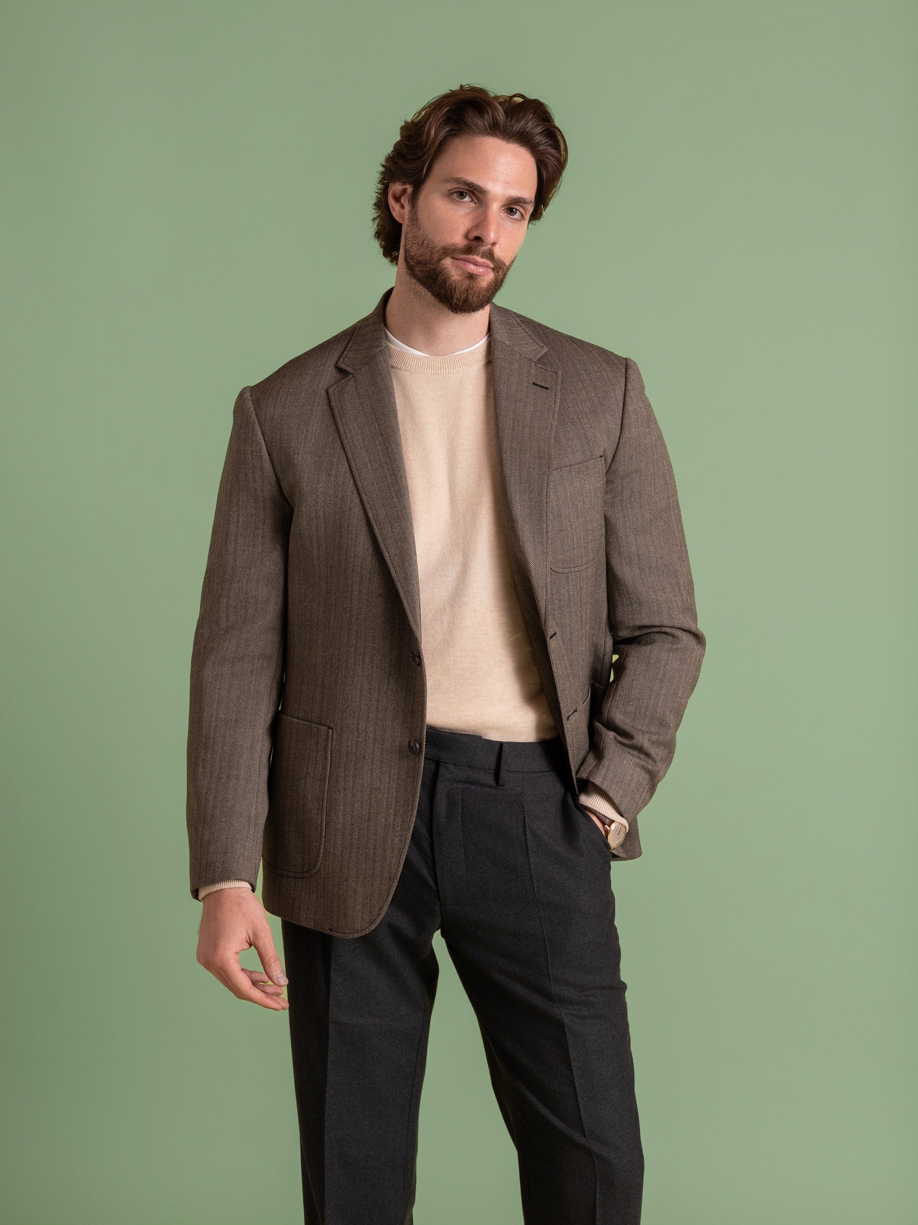 Deconstructed Black Camel Herringbone Wool Blazer