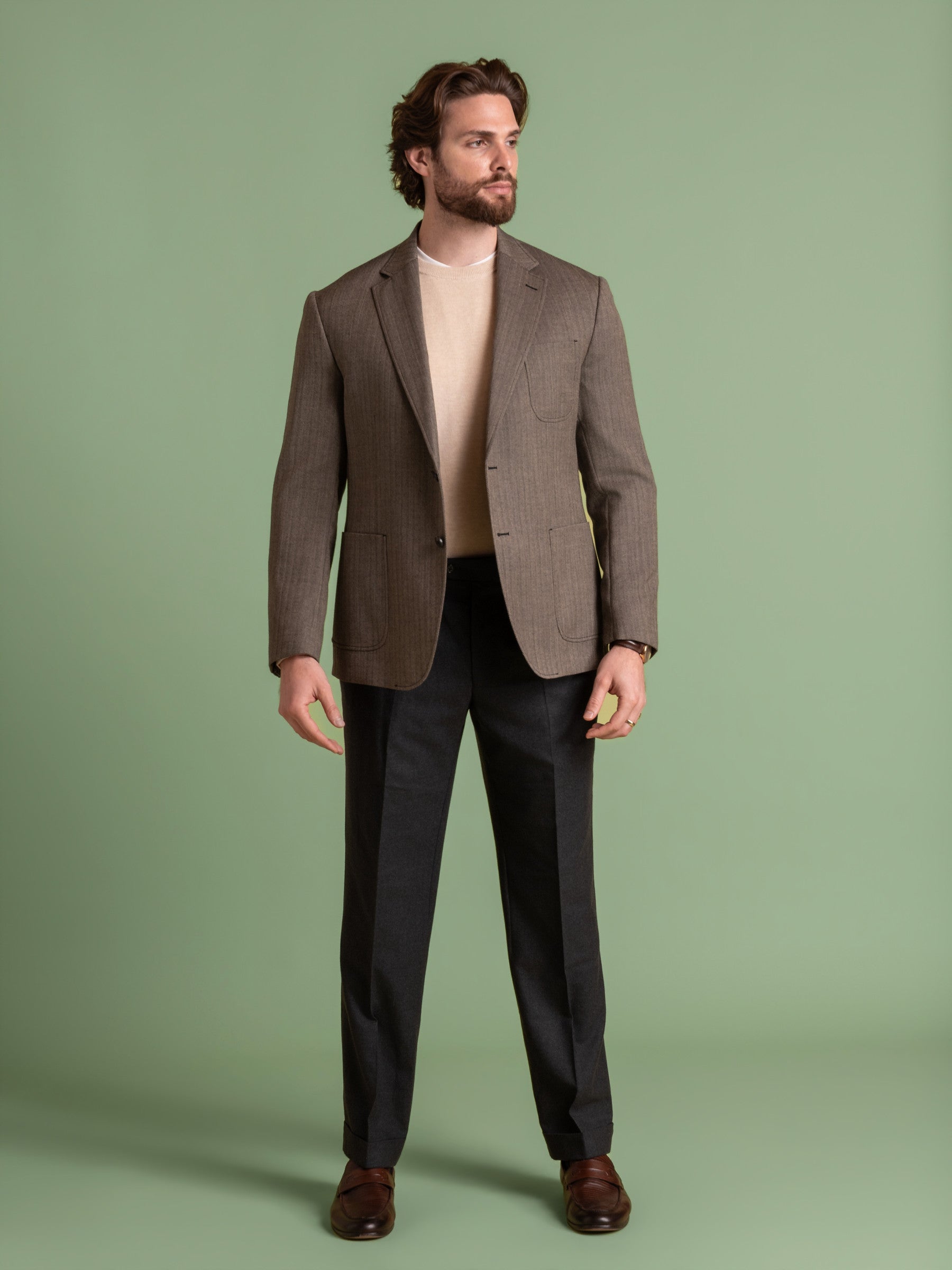 Deconstructed Black Camel Herringbone Wool Blazer