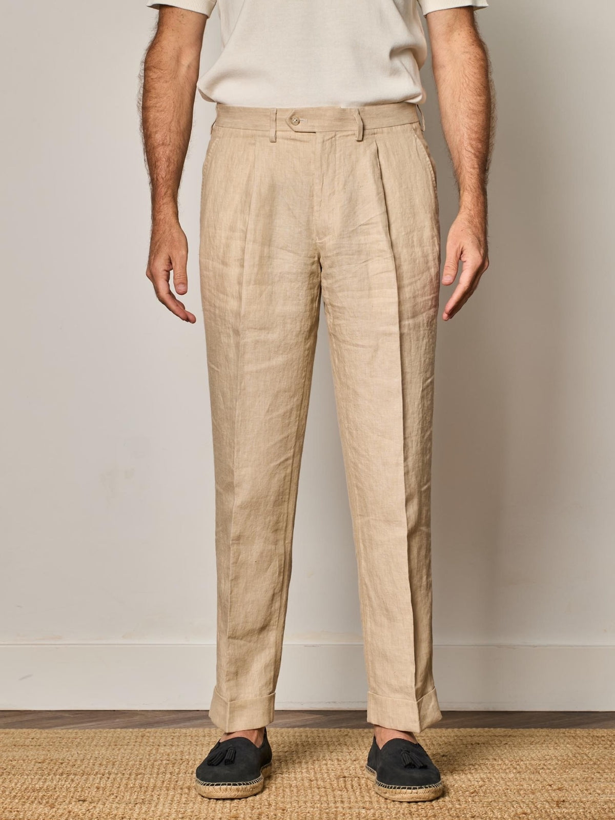 Beige Linen Pleated Trouser