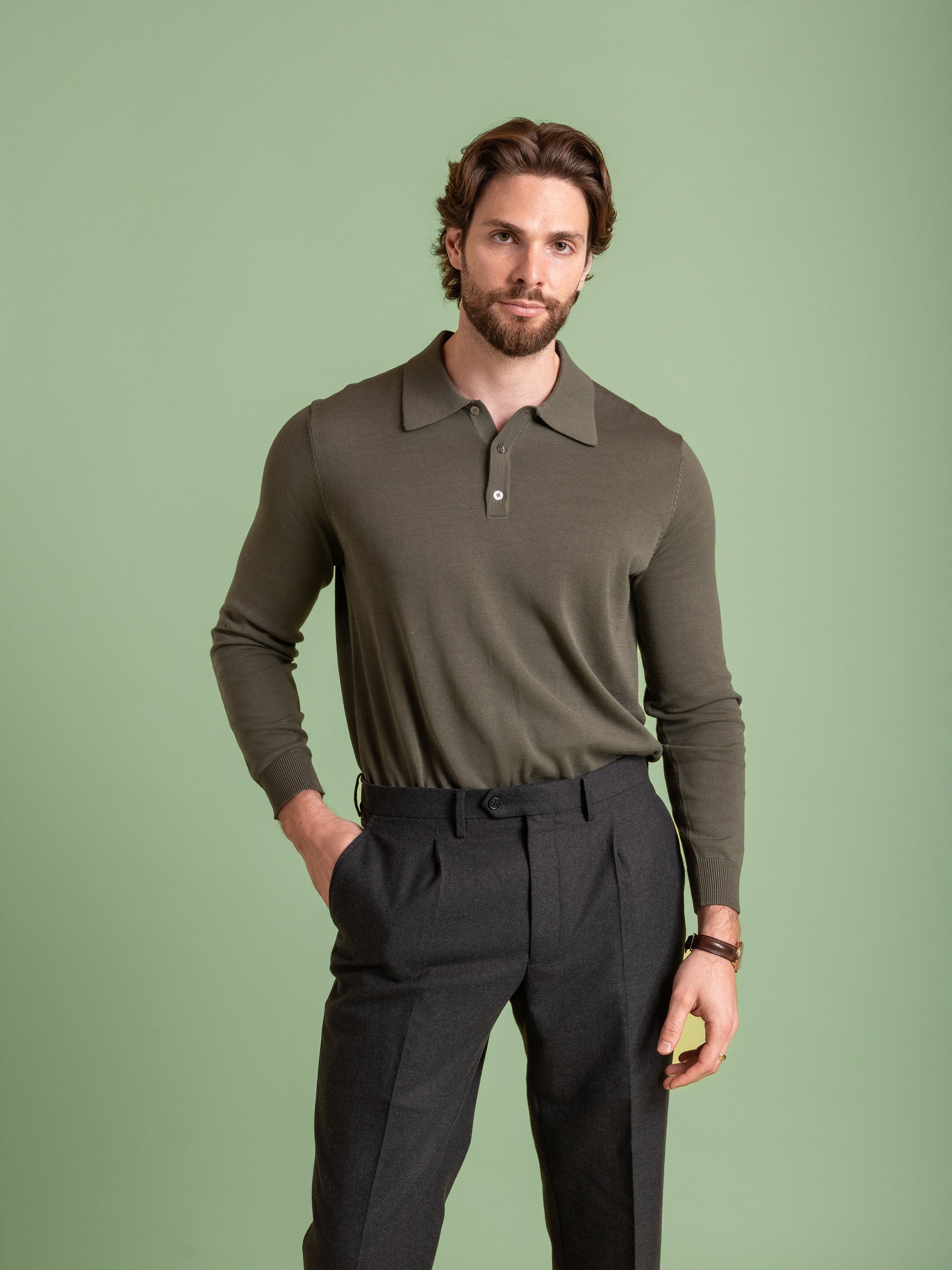 Moss Green Mercerised Cotton Long Sleeve Polo