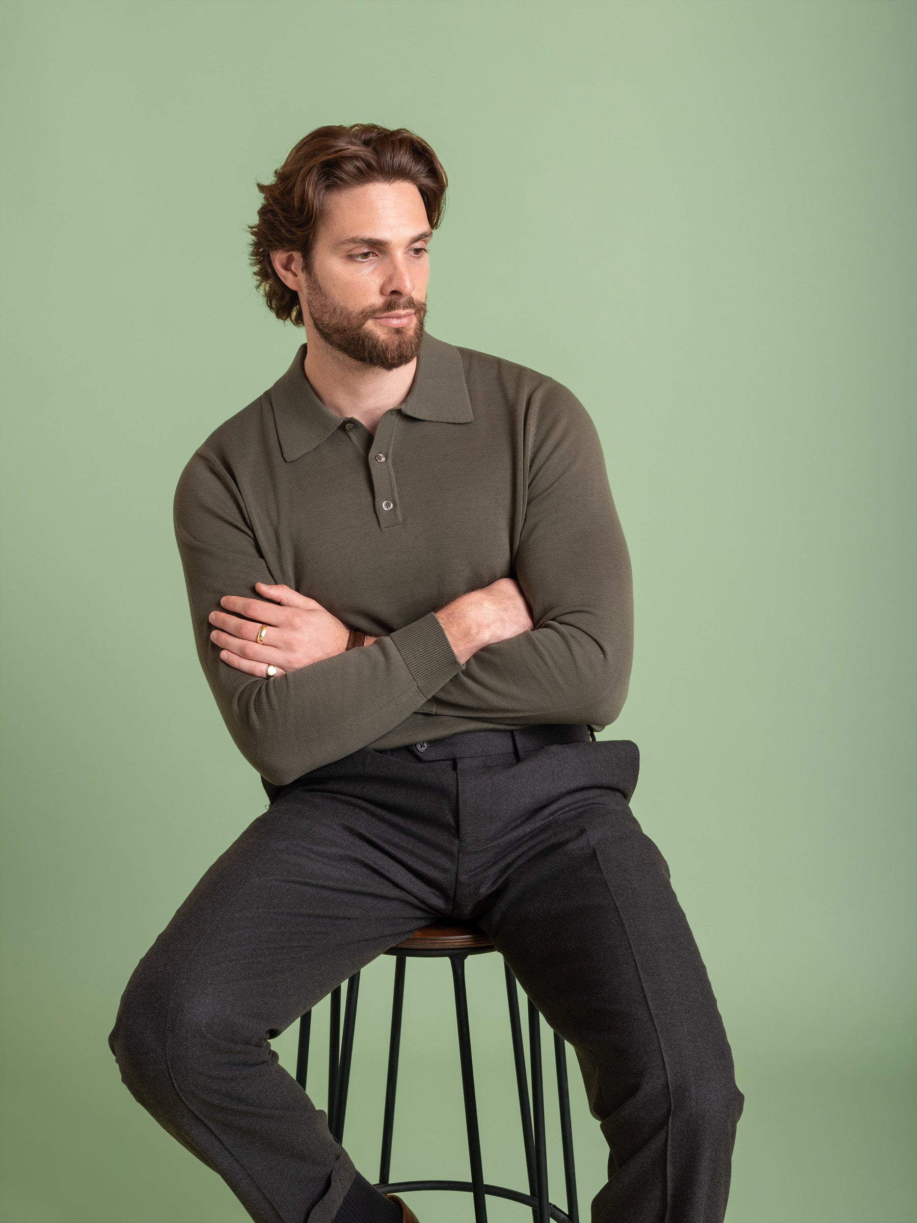 Moss Green Mercerised Cotton Long Sleeve Polo