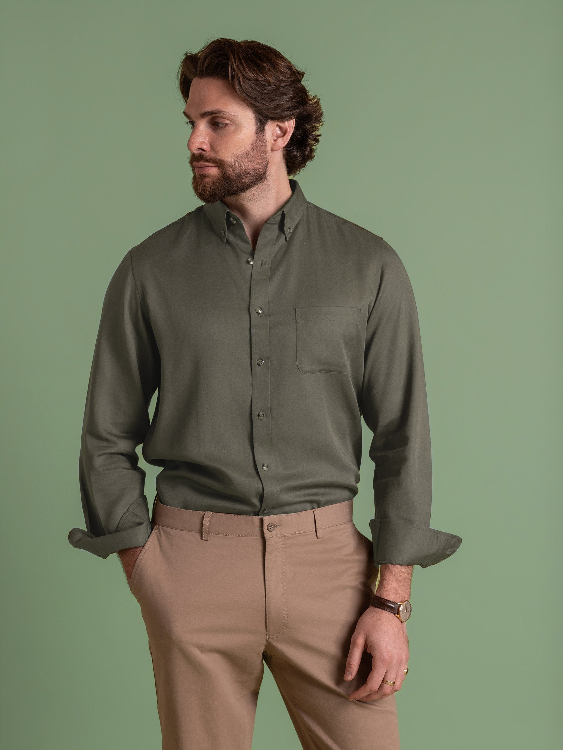 Olive Tencel Button Down Shirt