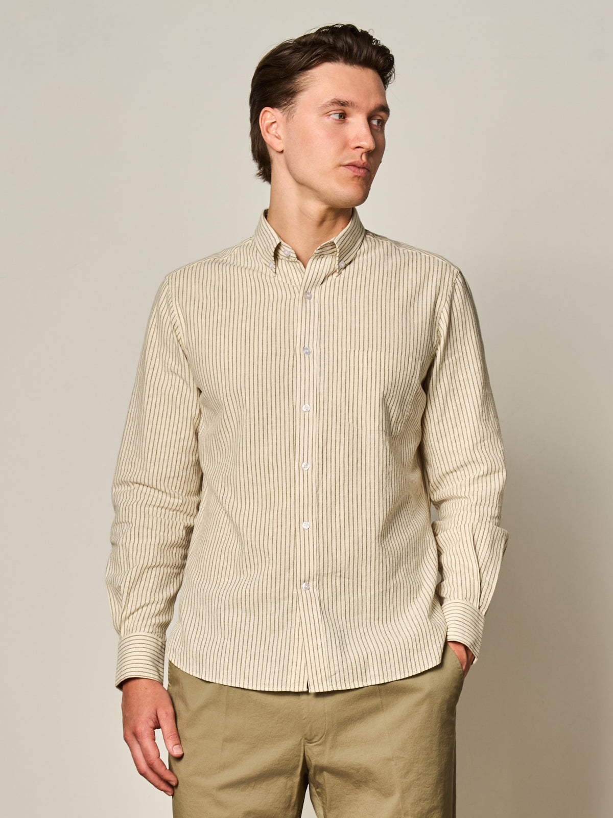 Green Stripe Linen Blend Button Down Shirt