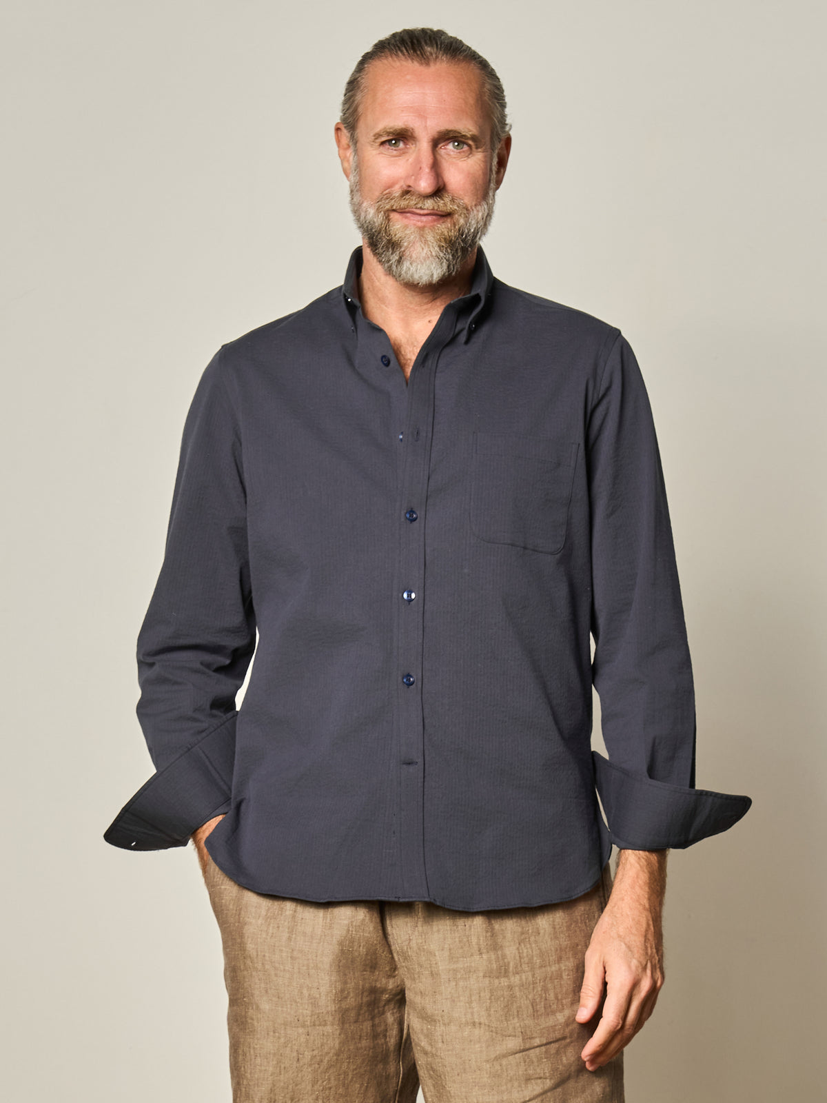 Navy Seersucker Button Down Shirt