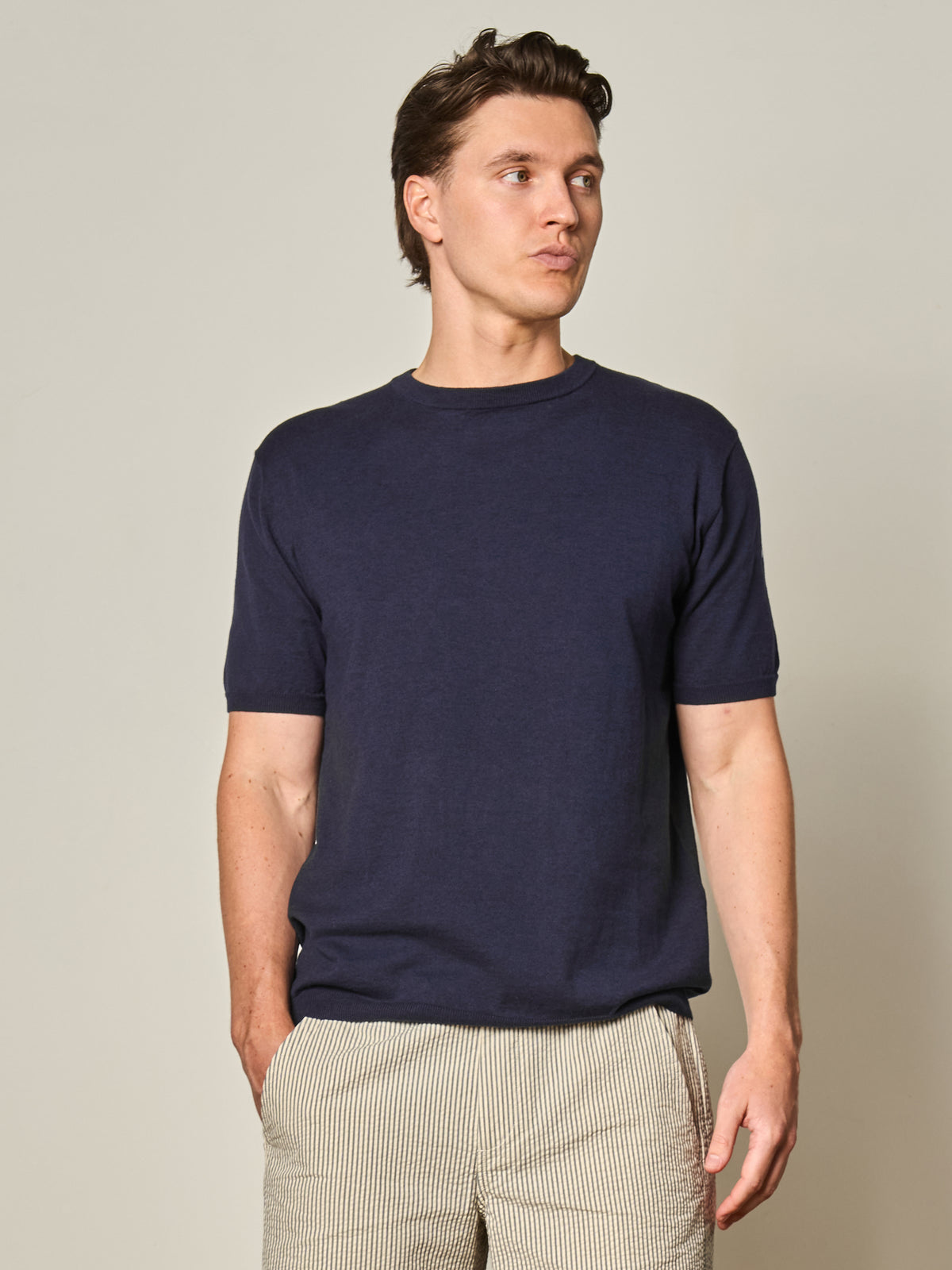 Navy Cotton Cashmere Knit T-Shirt