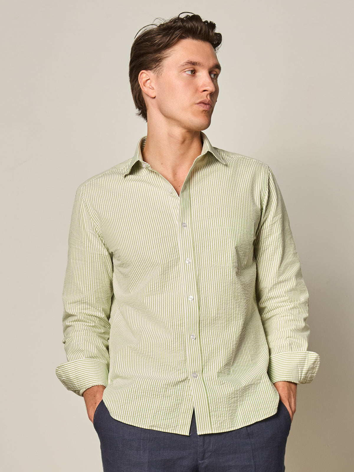 Green Stripe Seersucker Shirt
