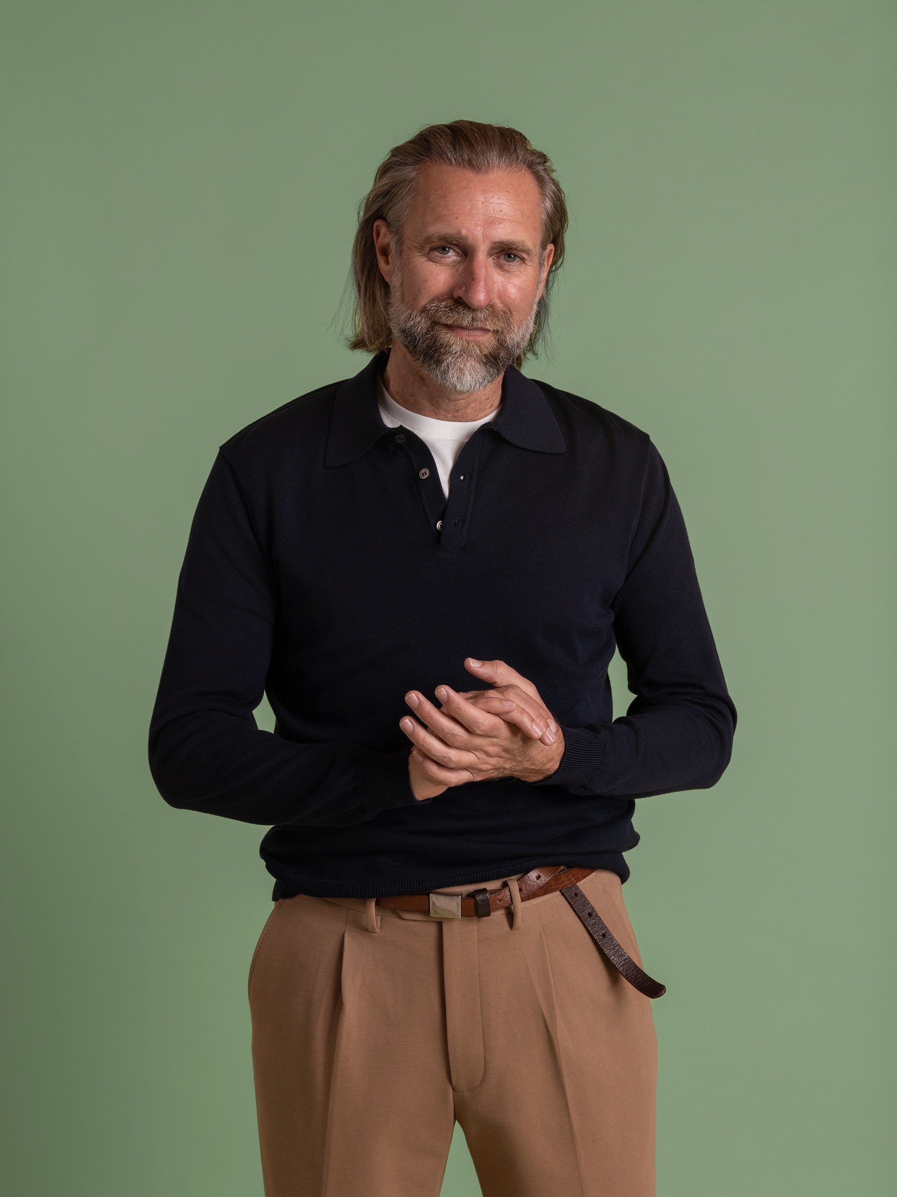 Navy Mercerised Cotton Long Sleeve Polo