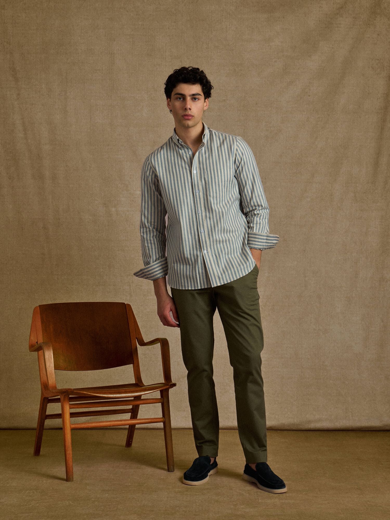 Ecru Blue Thick Stripe Button Down Shirt