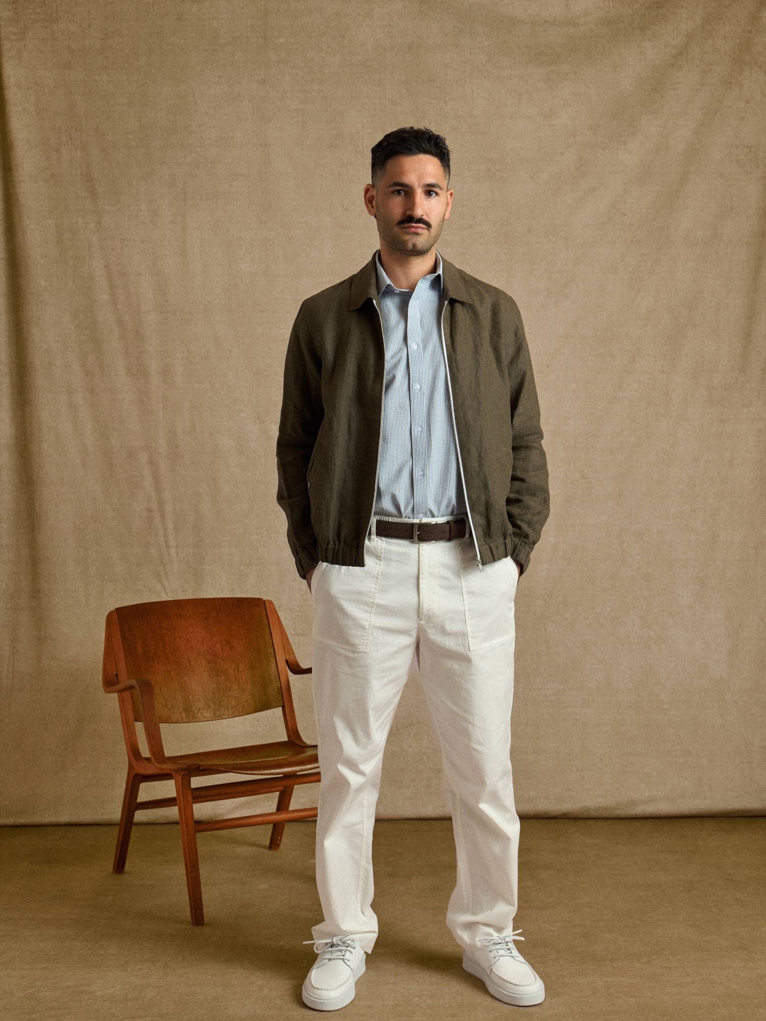 Khaki Linen Zip Bomber Jacket