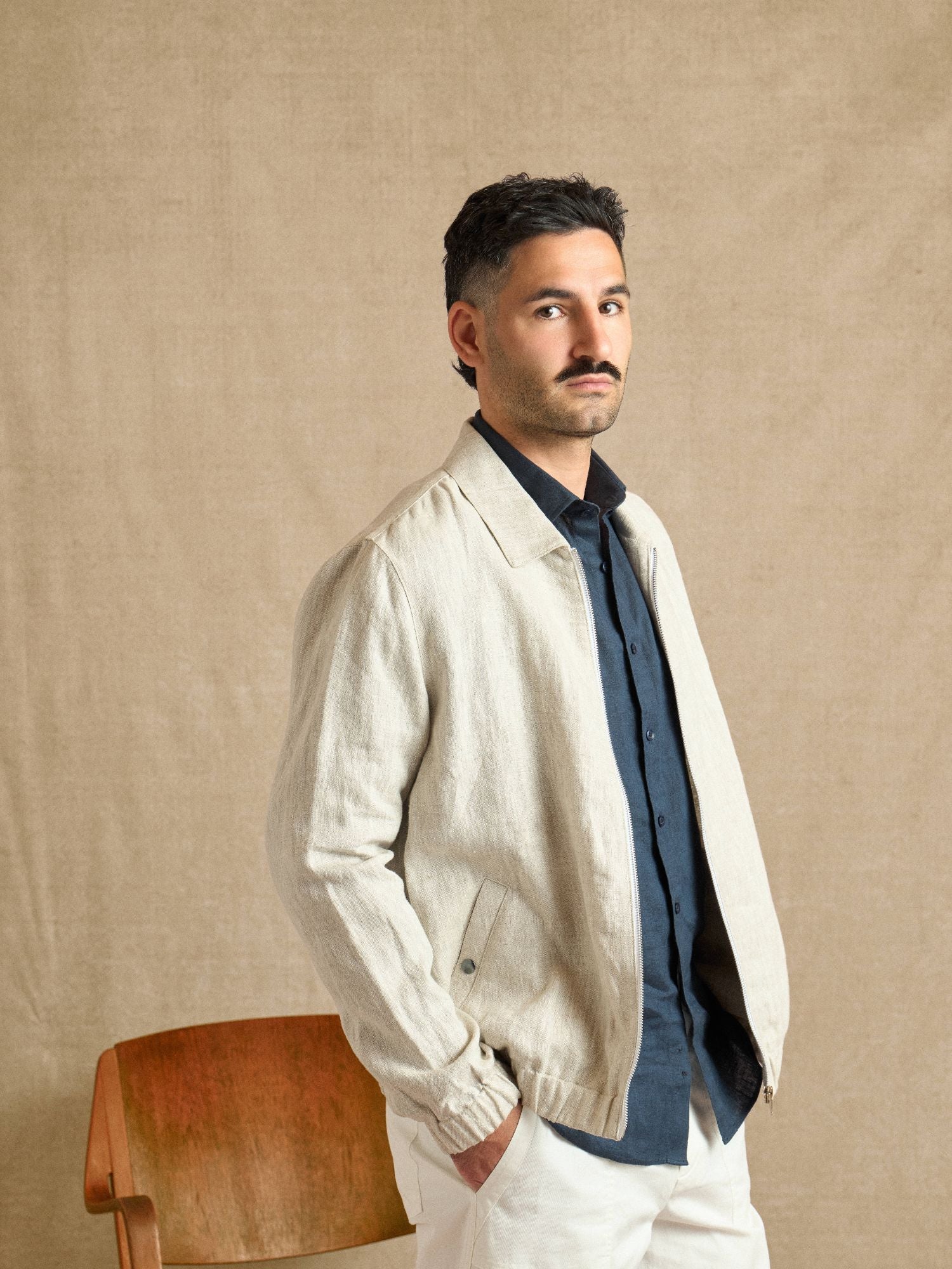 Sand Linen Zip Bomber Jacket