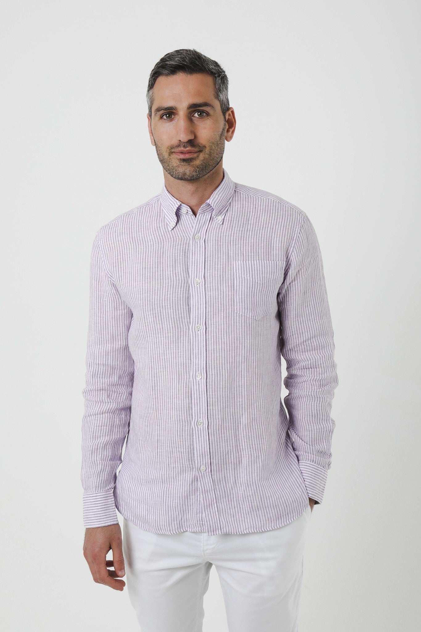 Capri Mauve Stripe Linen Shirt - Nazario Parisi & Sons