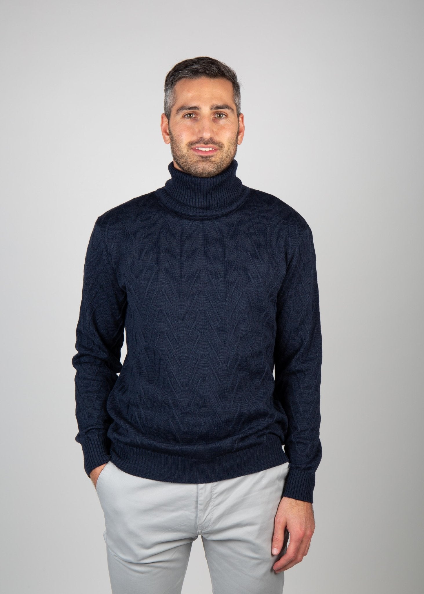 Navy Wave Roll Neck Knit - Nazario Parisi & Sons